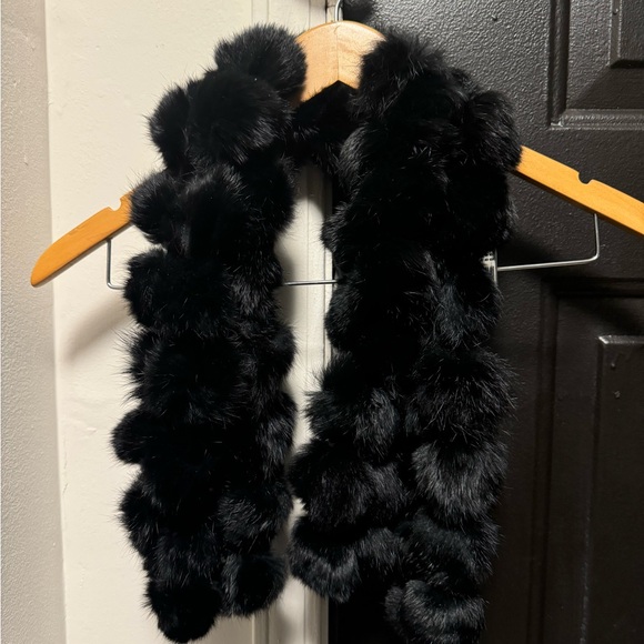 Chic Black Rabbit Fur  Pom Pom Scarf - Picture 2 of 3